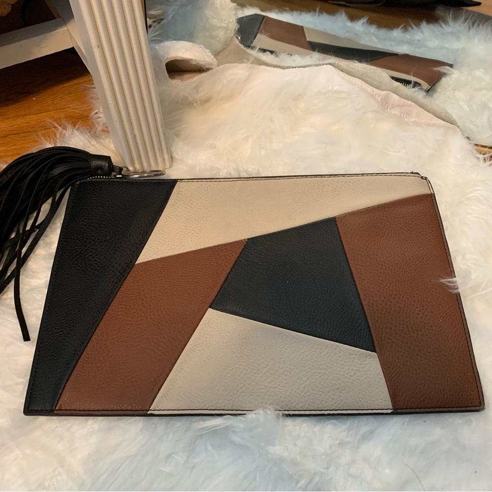 Color block clutch - black, brown, taupe. Carlos Santana. Gently used